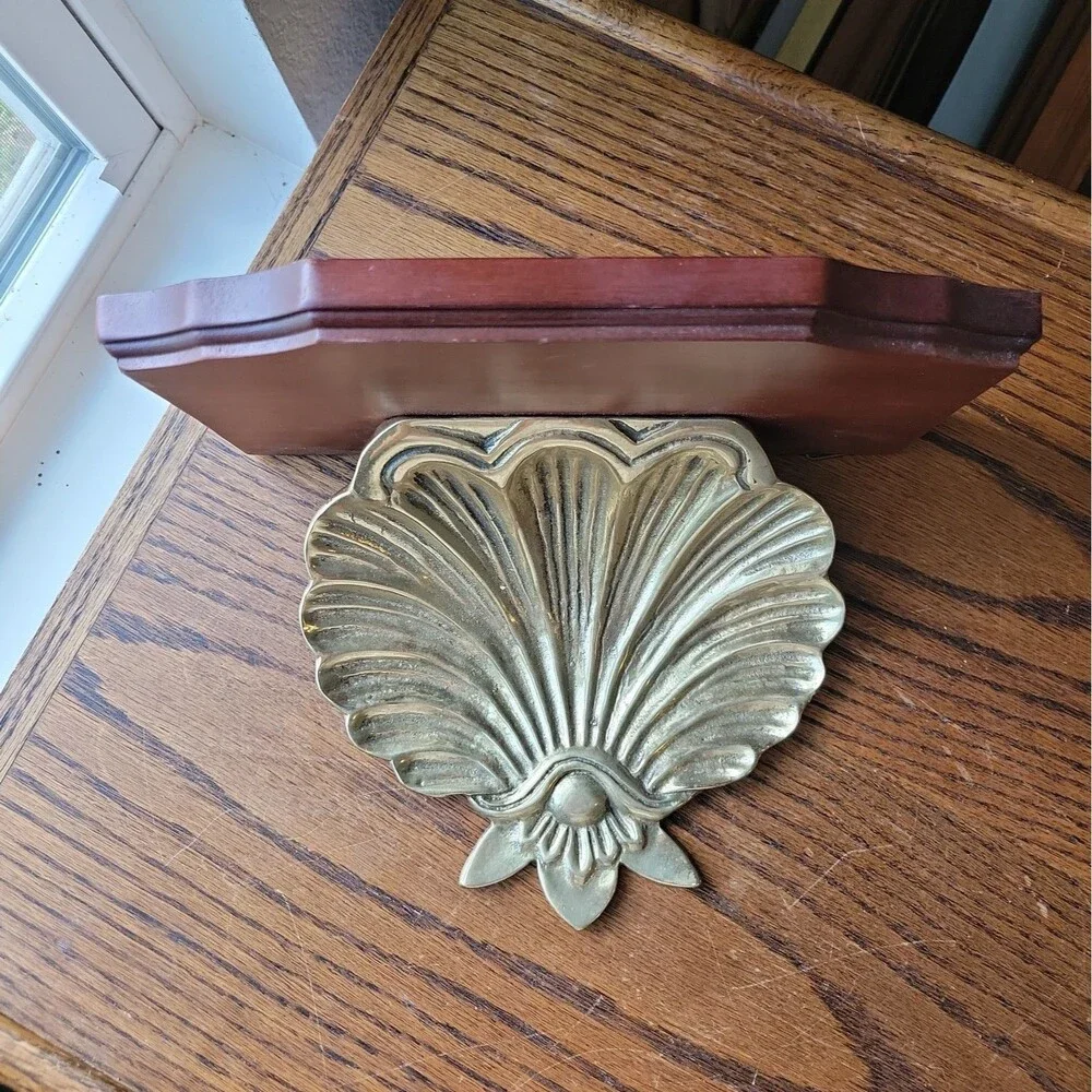 Vtg Seashell Wall Shelf Solid Brass Wood Scallop Gold Shell Hollywood Regency